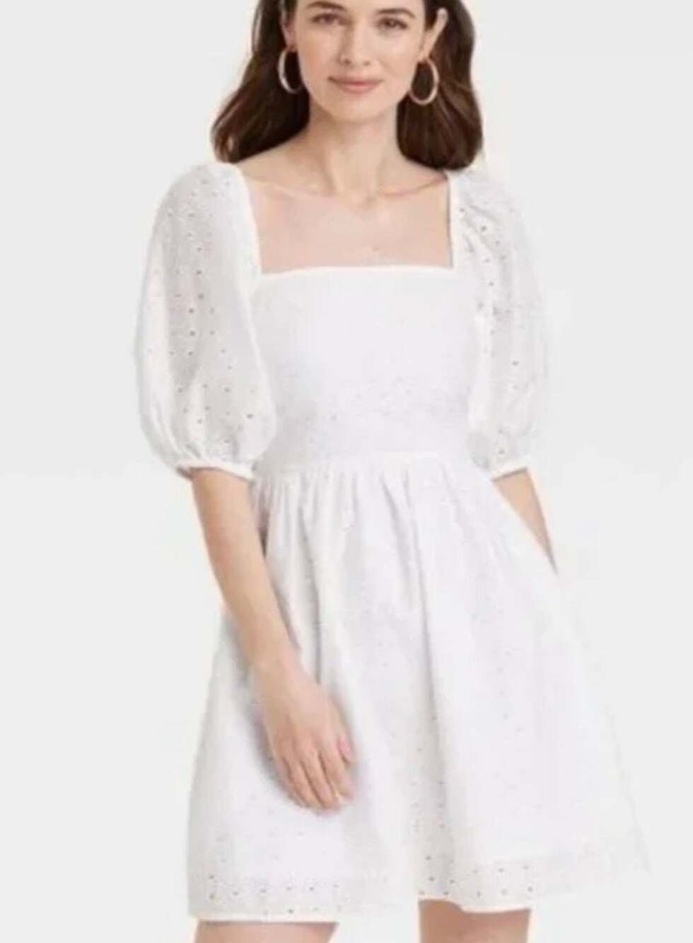 A New Day Women's White Eyelet Puff Sleeve Open Back Mini Dress Size S